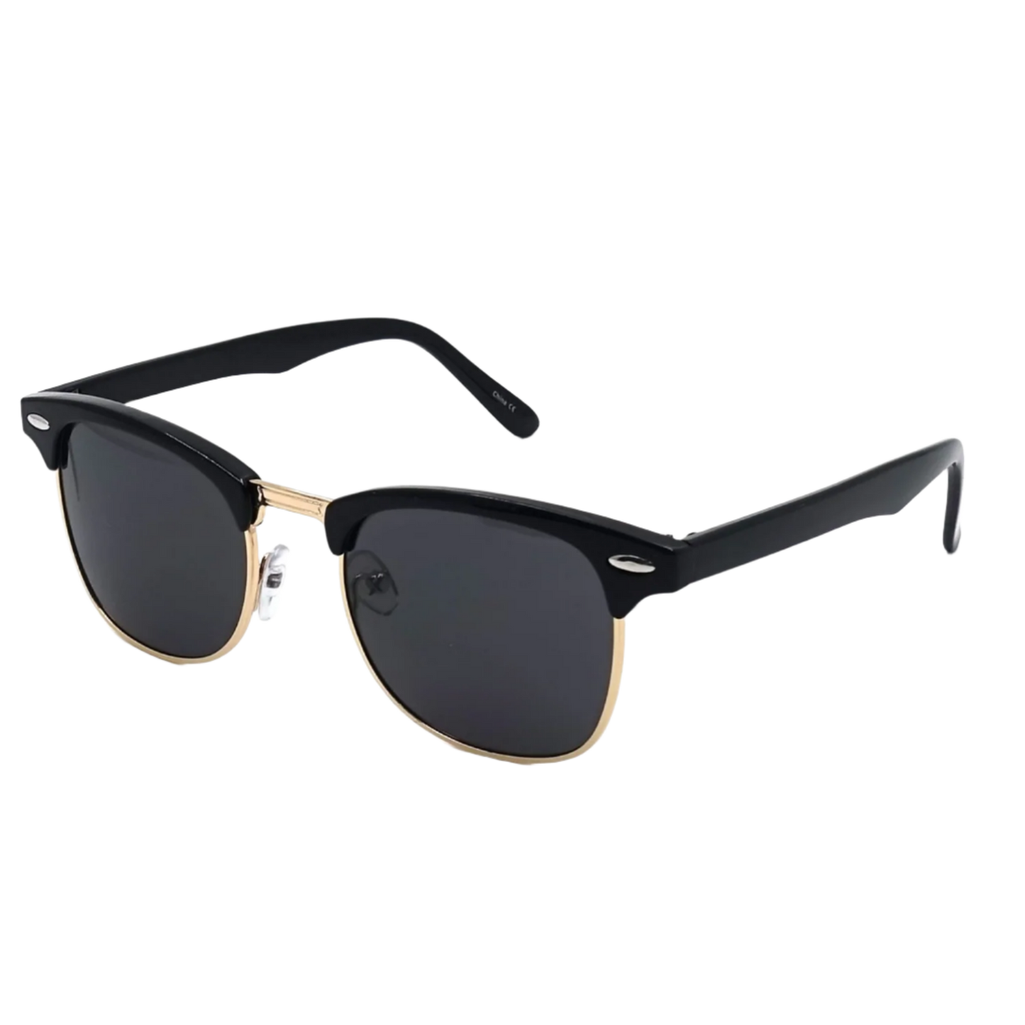 Black sunglasses with gold frames on a white background