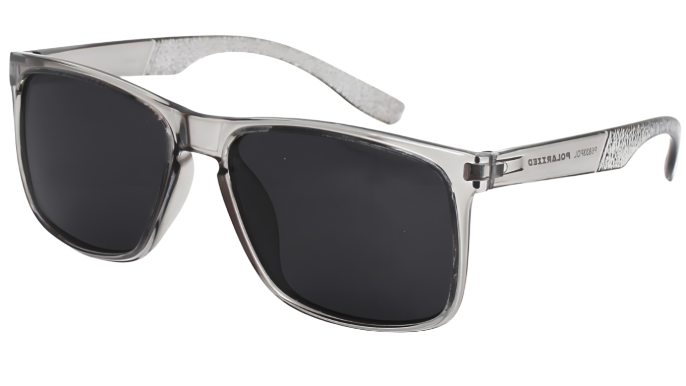 Sunglasses with black lenses and gray frame on a white background