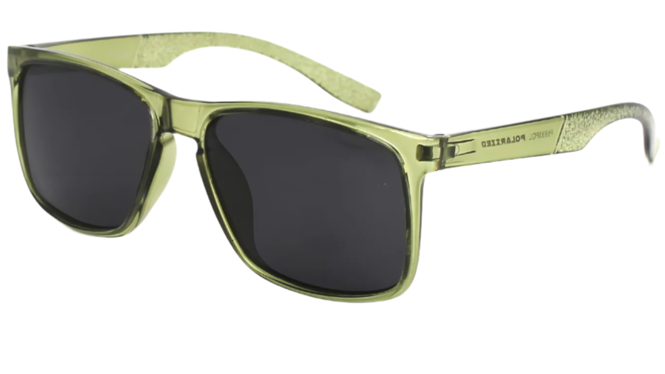 Green sunglasses with black lenses on a white background