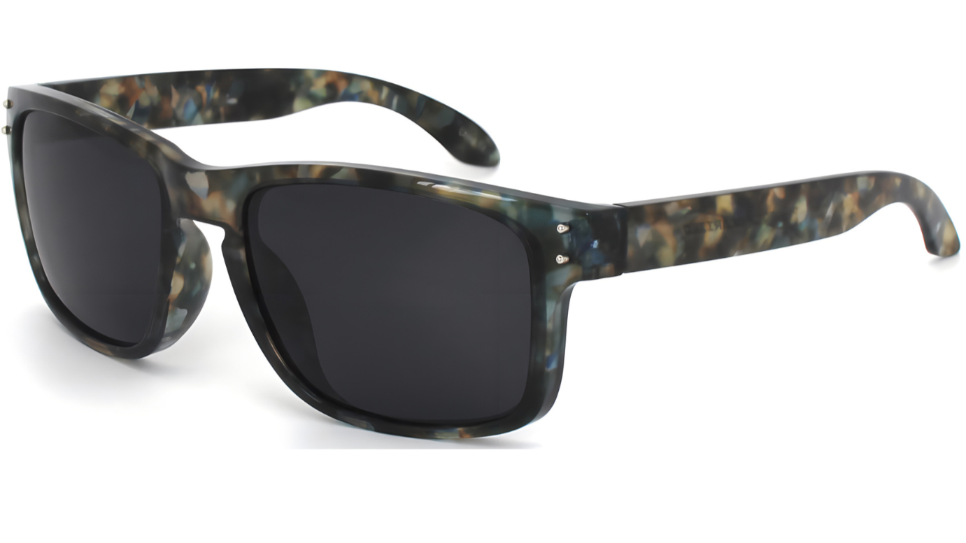 Sunglasses with tortoiseshell frame and dark lenses on a white background