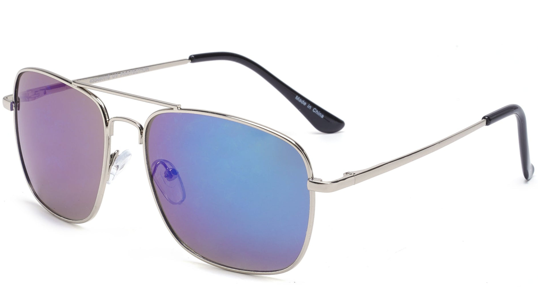 Sunglasses with blue-tinted lenses on a white background
