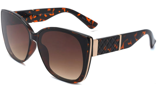 Sunglasses with black and orange patterned arms on a white background