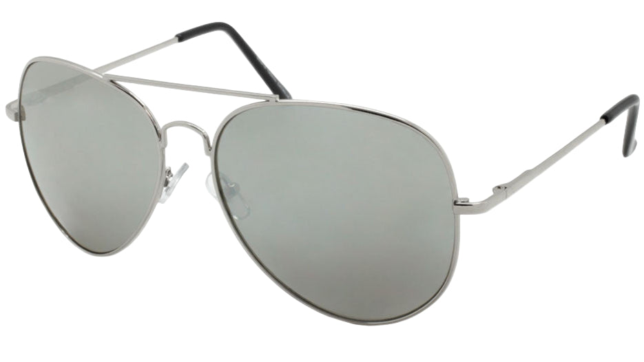 Aviator sunglasses with silvermirrored lenses on a white background