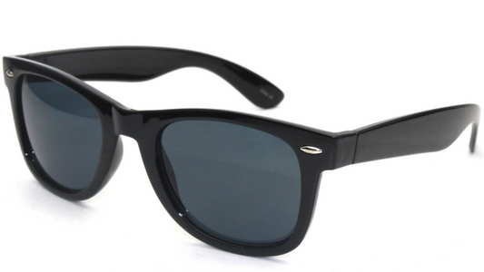 Black sunglasses with dark lenses on a white background