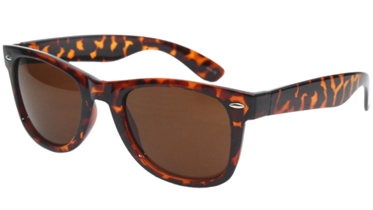 Sunglasses with tortoiseshell frame and brown lenses on a white background
