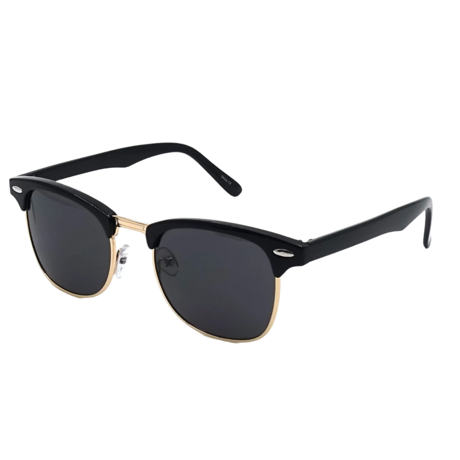 Black sunglasses with gold frames on a white background