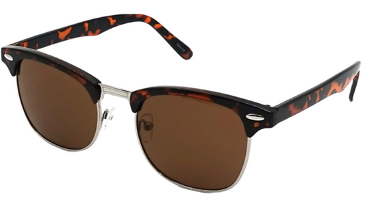 Sunglasses with tortoiseshell frame and brown lenses on a white background