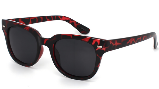 Sunglasses with red and black patterned arms on a white background