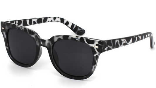 Sunglasses with black and white patterned frame on a white background