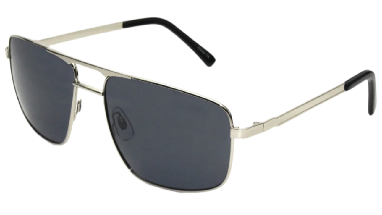 Sunglasses with silver frame and black lenses on a white background
