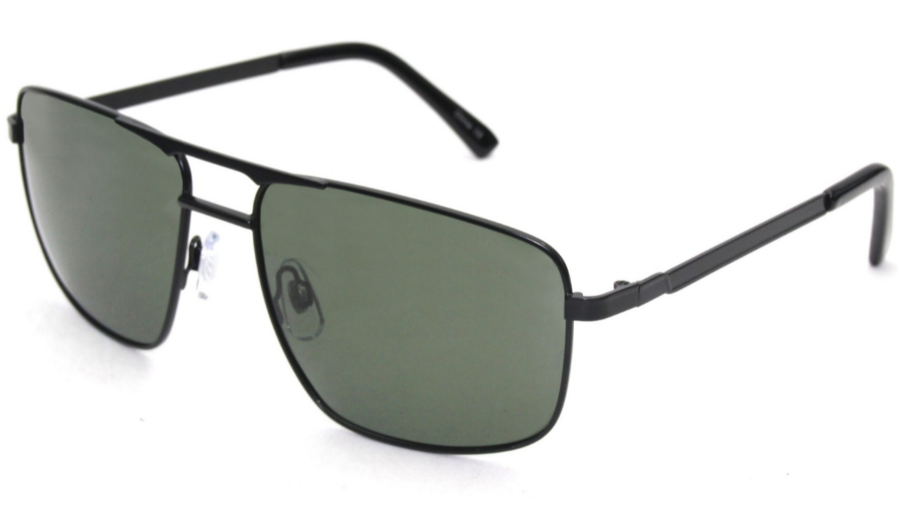 Sunglasses with black frame and green lenses on a white background