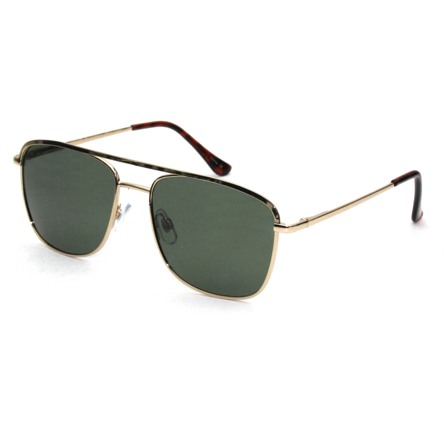 Sunglasses with gold frame and dark lenses on a white background