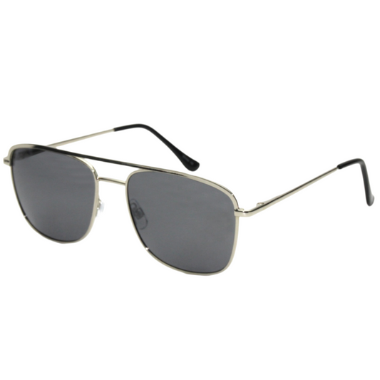 Sunglasses with gold frame and dark lenses on a white background
