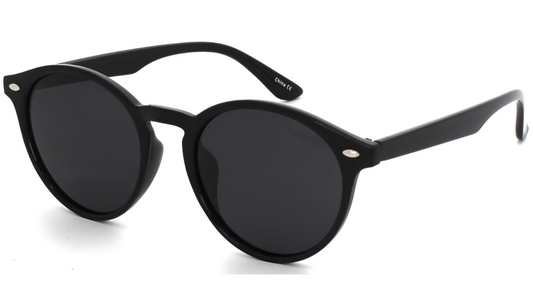 Black sunglasses with round lenses on a white background