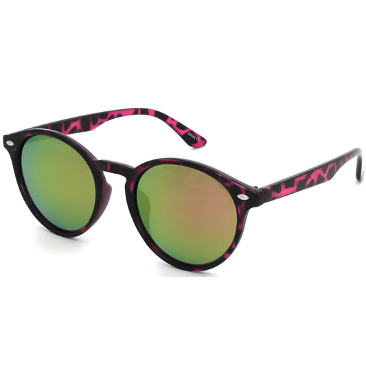Sunglasses with pink leopard print frame and green mirrored lenses on a white background