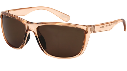 Sunglasses with rose gold frame and brown lenses on a white background