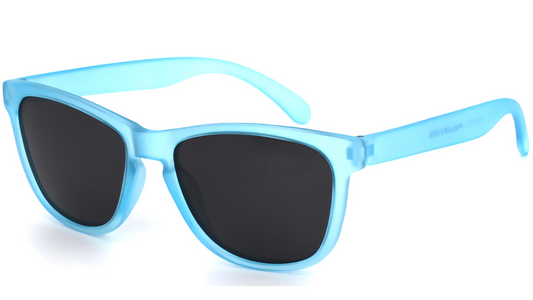 Blue sunglasses with black lenses on a white background