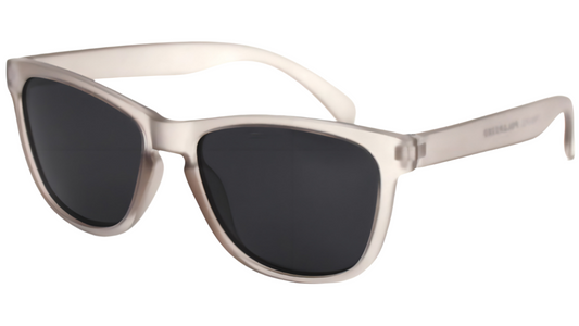 Sunglasses with beige frame and black lenses on a white background