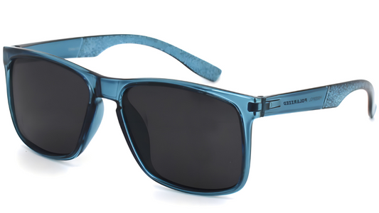 Blue sunglasses with dark lenses on a white background