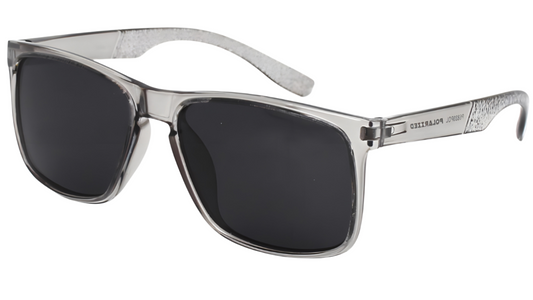 Sunglasses with black lenses and gray frame on a white background
