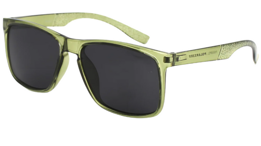 Green sunglasses with black lenses on a white background