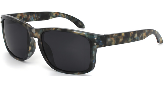Sunglasses with tortoiseshell frame and dark lenses on a white background